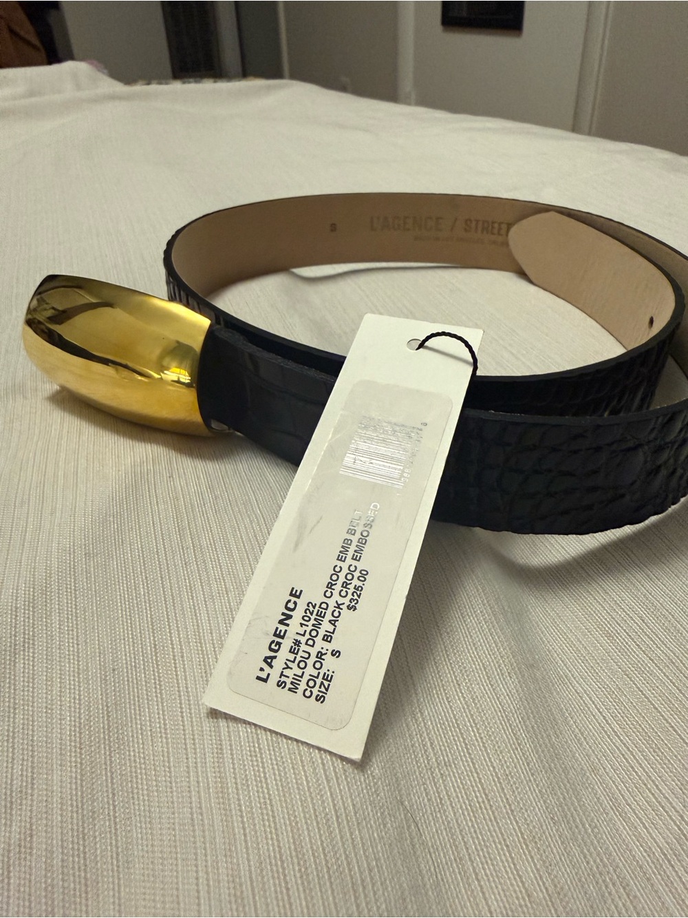 L'AGENCE Black Croc-Embossed Belt with Sculpted Gold Buckle
